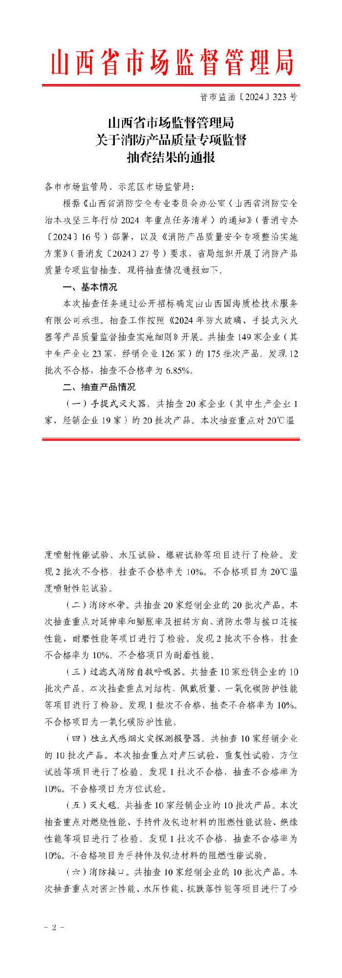 山西：消防产品质量专项监督抽查175批次，不合格12批次！